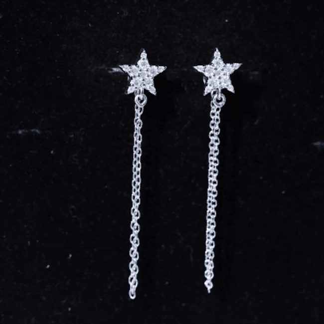 Rosec Jewels certified moissanite star chain earrings for women featuring sparkling star-shaped design and delicate chain detail.