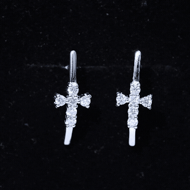 Certified Moissanite cross stud earrings in 14K gold-plated silver with sparkling white stones.