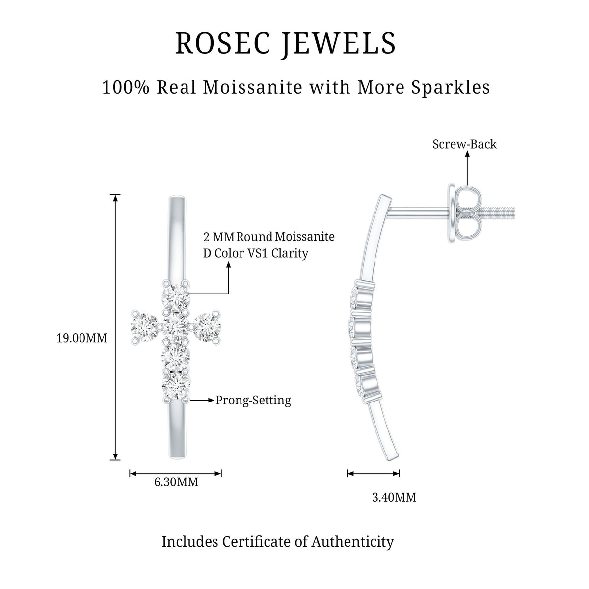 Certified Moissanite Cross Stud Earrings in 14K Gold Plated Silver