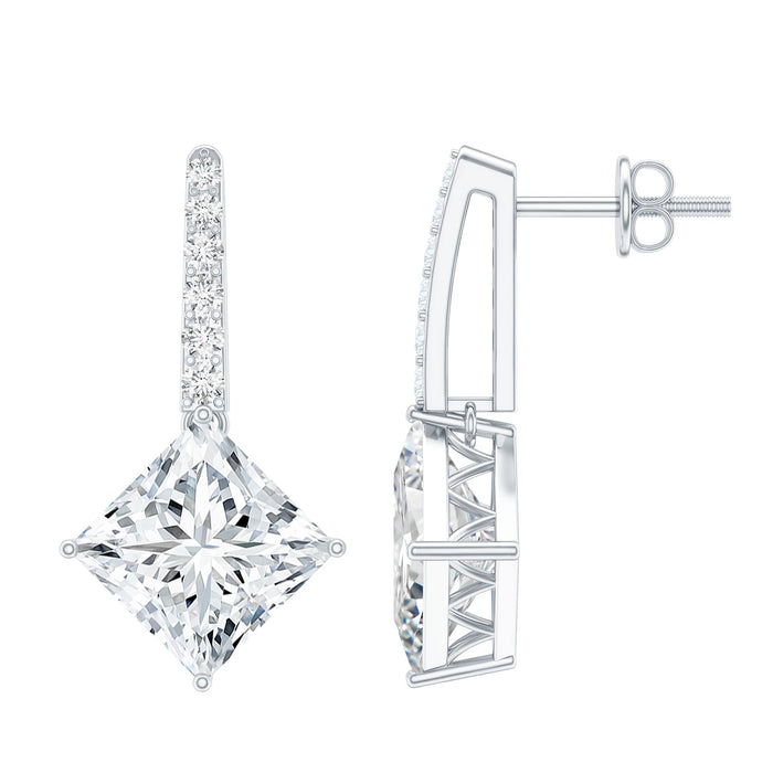 Certified 6 Carat princess cut moissanite drop earrings in silver featuring sparkling gemstone settings and elegant design.