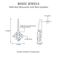 Certified 6 Carat Princess Cut Moissanite Drop Earrings in Silver