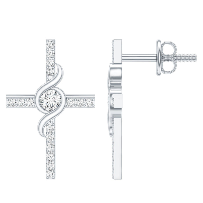 Certified Moissanite Cross Stud Earrings in silver with sparkling moissanite stones and a classic cross design.