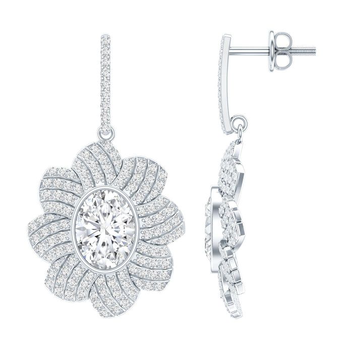 Bezel set 2.5 carat oval moissanite flower drop earrings from Rosec Jewels, showcasing sparkling gemstone design and elegant craftsmanship.