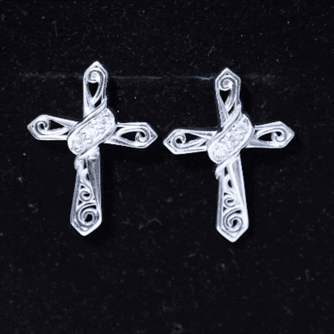 Certified Moissanite vintage cross stud earrings in silver featuring sparkling moissanite stones and intricate vintage design.