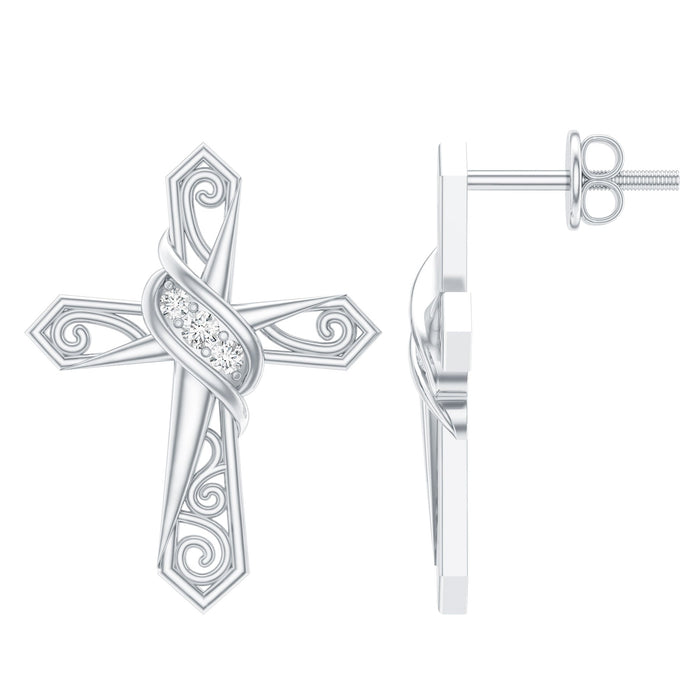 Silver vintage cross stud earrings featuring certified moissanite stones by Rosec Jewels, showcasing intricate design and sparkling gemstones.