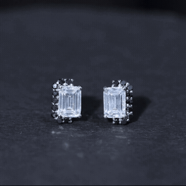 Certified 3.4 carat moissanite stud earrings with lab-grown black diamond by Rosec Jewels, showcasing sparkling gemstone jewelry.