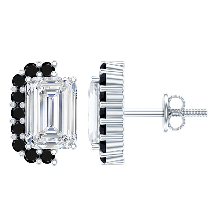 Rosec Jewels certified 3.4 carat moissanite stud earrings with lab-grown black diamonds, showcasing elegant gemstone settings.