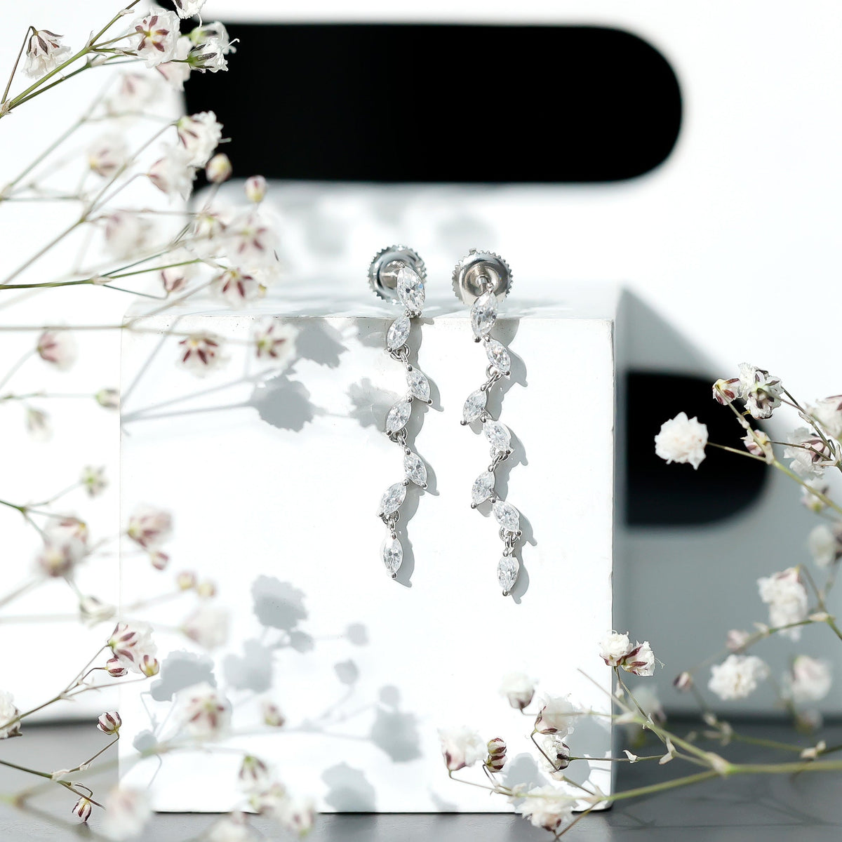 Marquise Moissanite Leaf Dangle Earrings in Sterling Silver