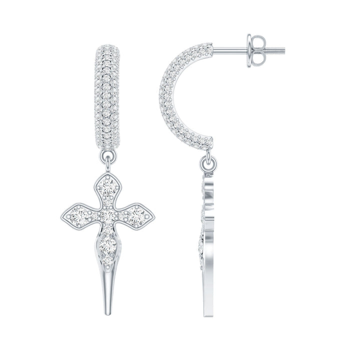 Vintage Inspired Moissanite Cross Dangle Earrings in Silver