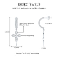 Vintage Inspired Moissanite Cross Dangle Earrings in Silver