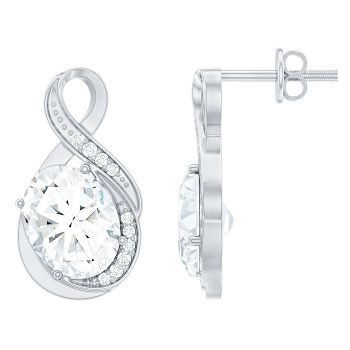 Four-carat oval cut moissanite infinity stud earrings in silver with sparkling gemstone details.