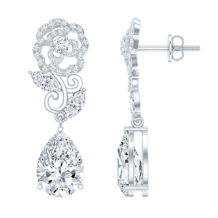 Pear-shaped moissanite rose flower dangle earrings with intricate detailing, perfect for wedding jewelry by Rosec Jewels.