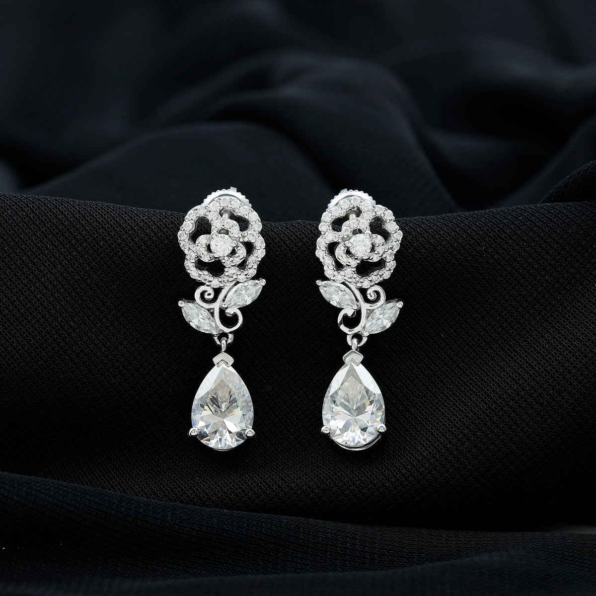 4.5 Carat Pear Shaped Moissanite Rose Flower Dangle Earrings for Wedding