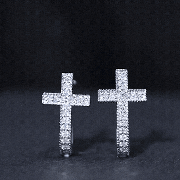 Sterling silver Moissanite cross hoop earrings featuring sparkling white stones, stylish and elegant jewelry by Rosec Jewels