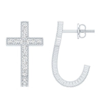 Certified Moissanite Cross J Hoop Earrings in Sterling Silver