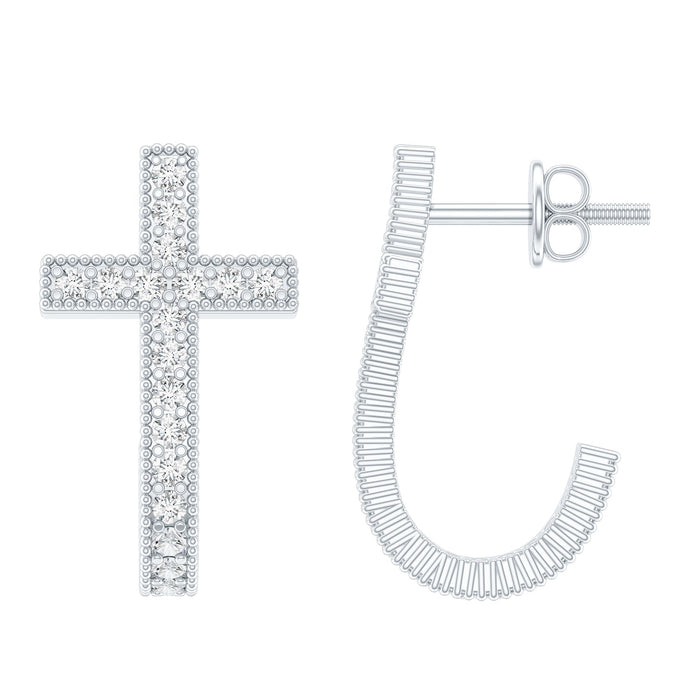 Sterling silver Moissanite cross J hoop earrings by Rosec Jewels, featuring sparkling moissanite stones and a stylish cross design.