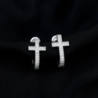 Certified Moissanite Cross J Hoop Earrings in Sterling Silver