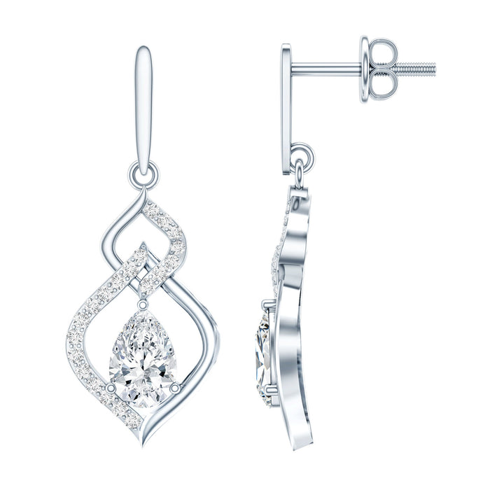 Pear-shaped moissanite dangle earrings by Rosec Jewels featuring 1-carat certified stones, perfect for wedding jewelry.