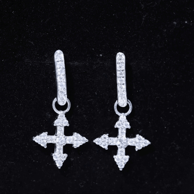 Sterling silver Moissanite cross drop earrings with sparkling gemstones, designed by Rosec Jewels.