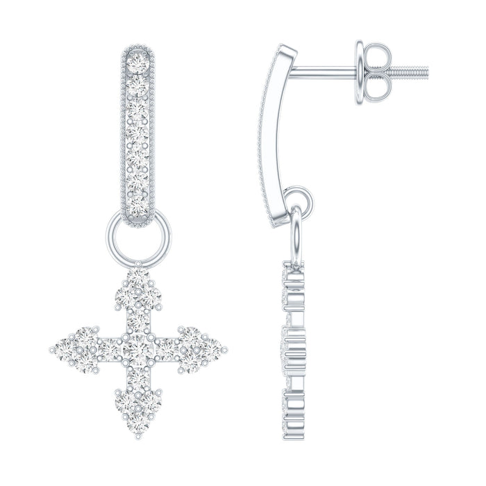 Sterling silver Moissanite cross drop earrings with sparkling gemstone accents, crafted by Rosec Jewels.