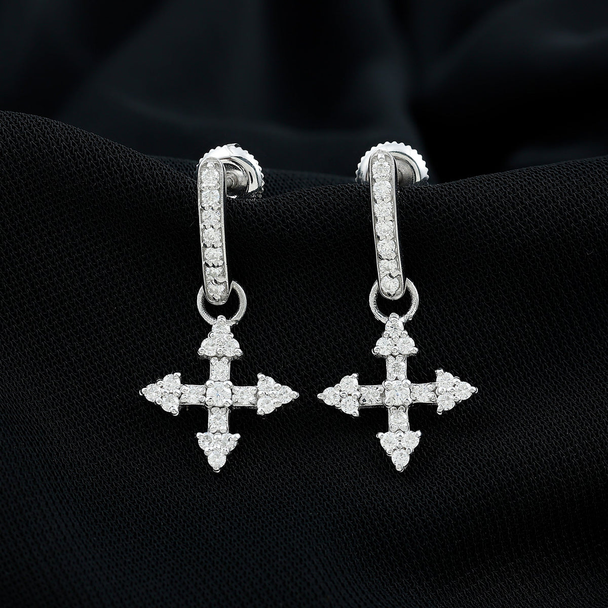 Certified Moissanite Cross Drop Earrings in Sterling Silver