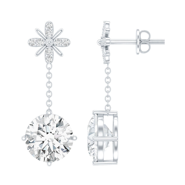 Floral-inspired 4.2 carat moissanite dangling earrings in silver with intricate flower designs by Rosec Jewels.