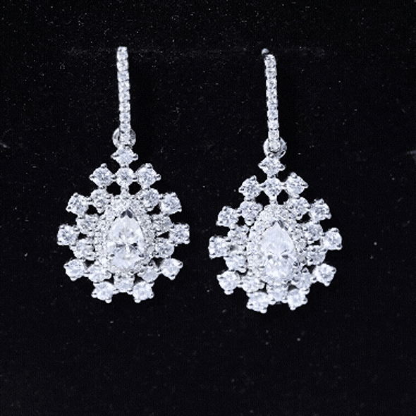 Rosec Jewels Certified Moissanite statement drop earrings with white stones, perfect for weddings and special occasions.