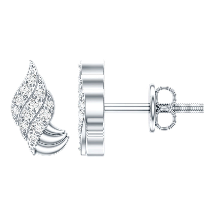 Contemporary silver moissanite leaf stud earrings by Rosec Jewels featuring sparkling leaf-shaped design and secure post backs.