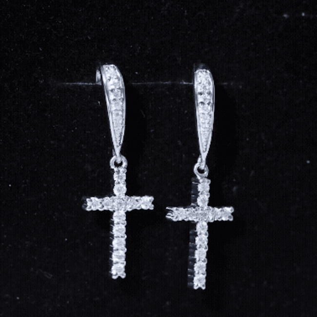 Sterling silver Moissanite cross dangle earrings with sparkling gemstones, designed by Rosec Jewels.