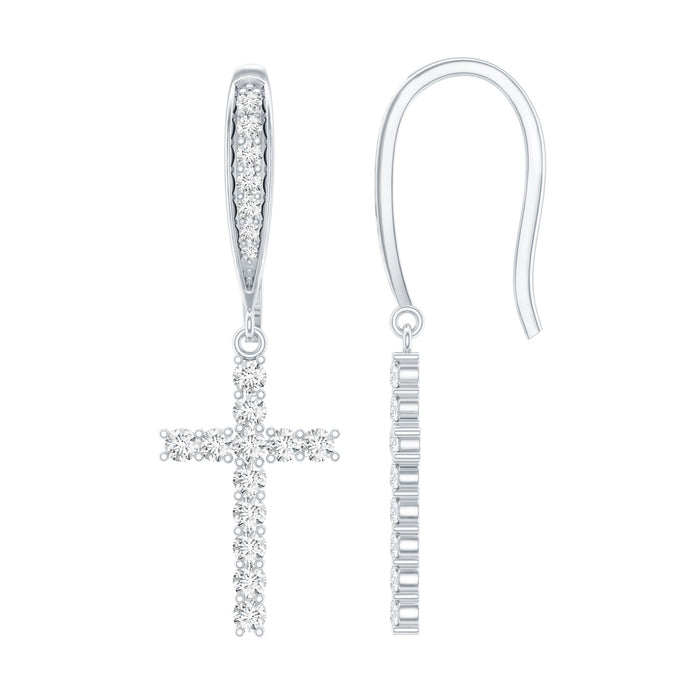 Sterling silver moissanite cross dangle earrings with sparkling gemstones, elegant jewelry by Rosec Jewels.