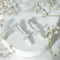 Certified Moissanite Cross Dangle Earrings in Sterling Silver