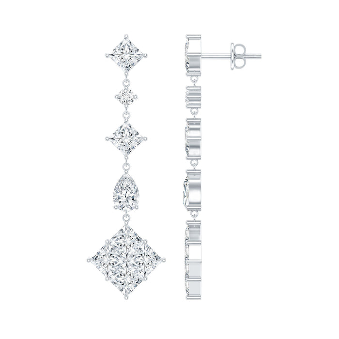 Certified moissanite wedding dangle earrings for women with sparkling stones, designed by Rosec Jewels.