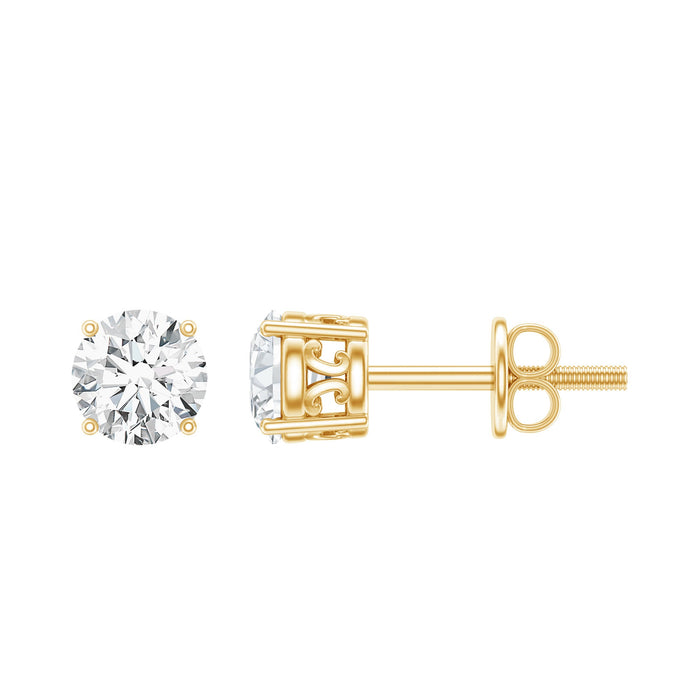 Brilliant cut diamond solitaire stud earrings in prong setting by Rosec Jewels, showcasing sparkling diamonds on a sleek metal background.