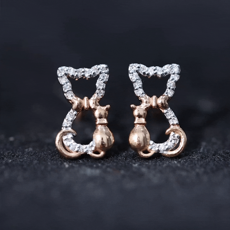 Certified diamond cat stud earrings by Rosec Jewels featuring sparkling diamonds set in sterling silver.