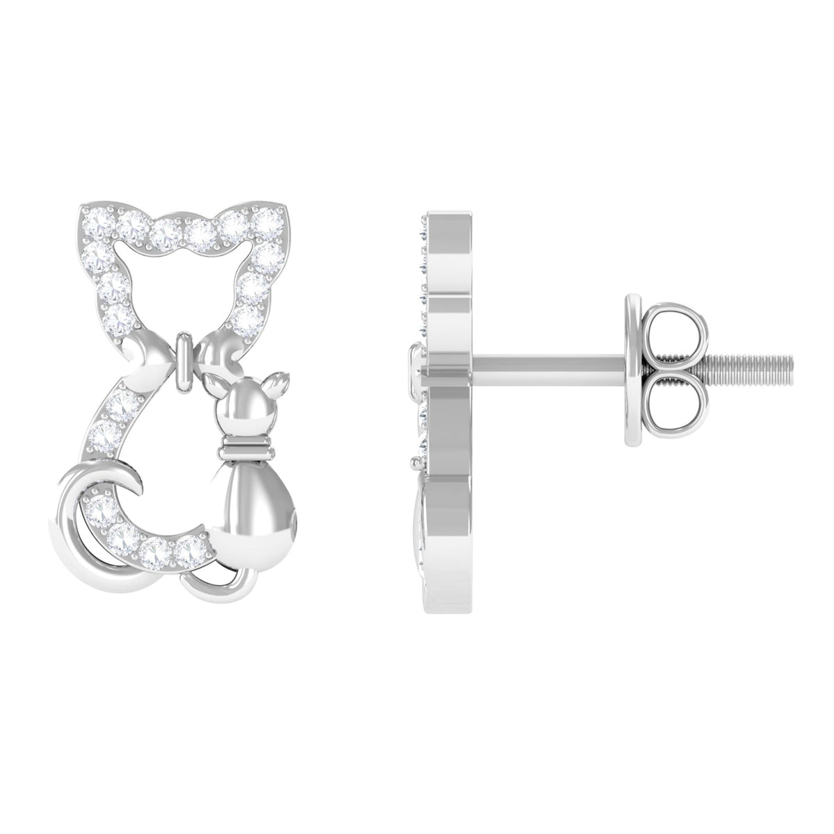 Certified diamond cat stud earrings by Rosec Jewels featuring sparkling diamond cat-shaped studs on silver earring posts.