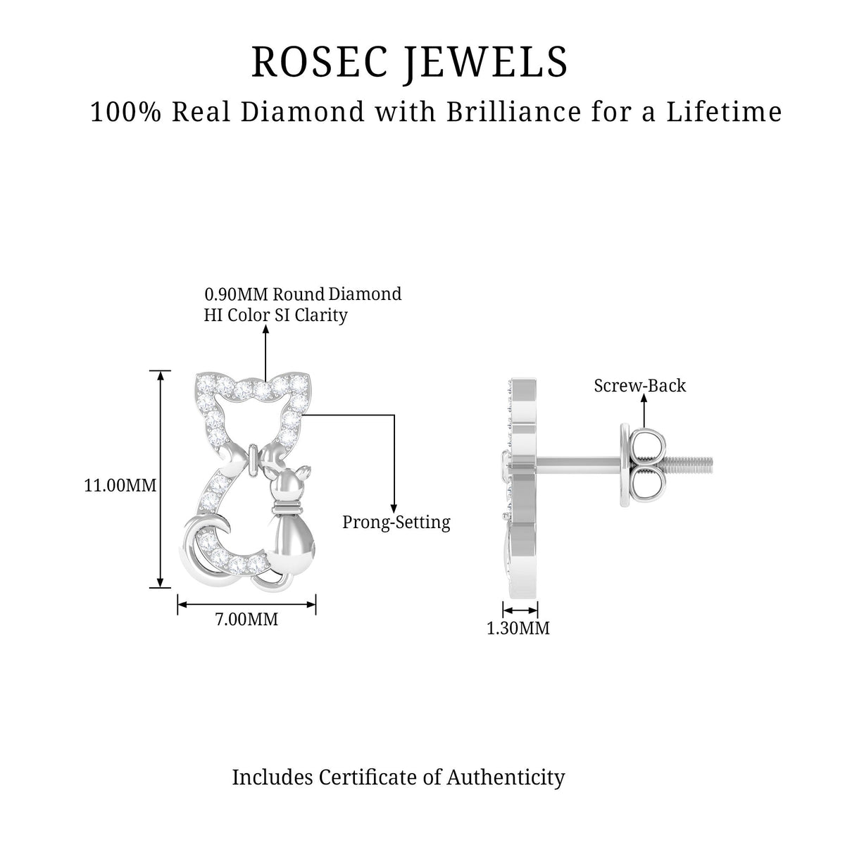 Certified diamond cat stud earrings by Rosec Jewels featuring sparkling diamond accents on elegant earring posts.