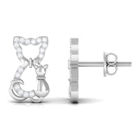 Certified diamond cat stud earrings by Rosec Jewels with sparkling diamond accents and silver-tone setting.