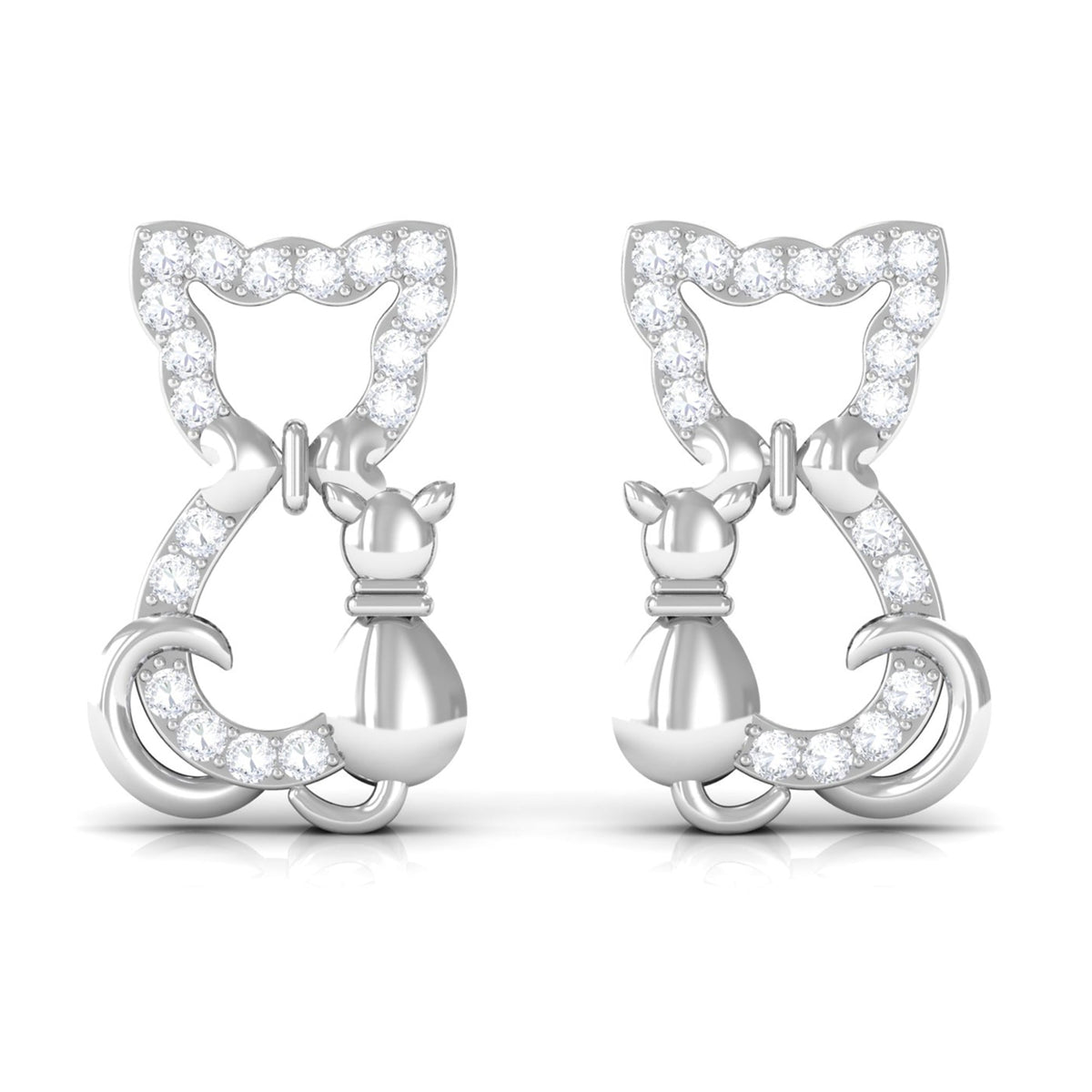 Certified diamond cat stud earrings by Rosec Jewels featuring sparkling diamond cat-shaped designs on silver earrings.