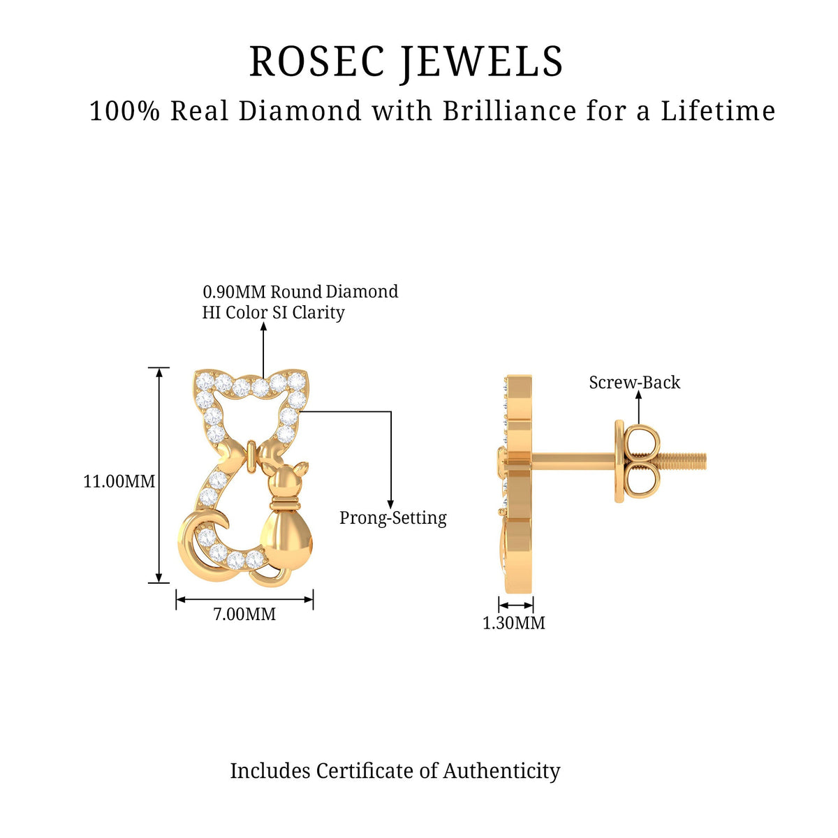 Certified diamond cat stud earrings by Rosec Jewels featuring sparkling diamond accents on silver-tone earrings.