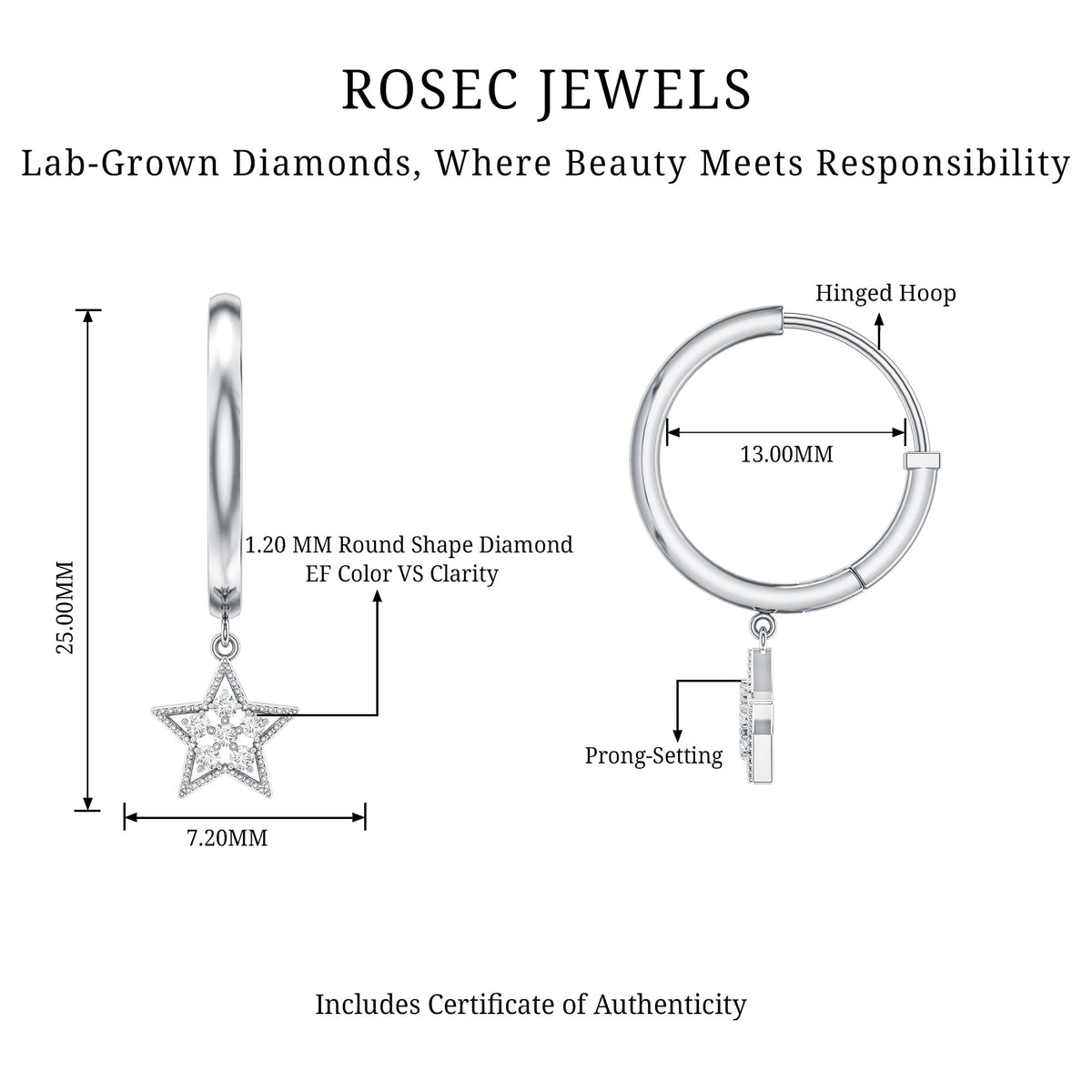 Diamond star drop hoop earrings by Rosec Jewels featuring sparkling diamond-studded star charms on gold hoops.