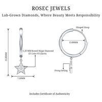 Diamond star drop hoop earrings by Rosec Jewels featuring sparkling diamond-studded star charms on gold hoops.
