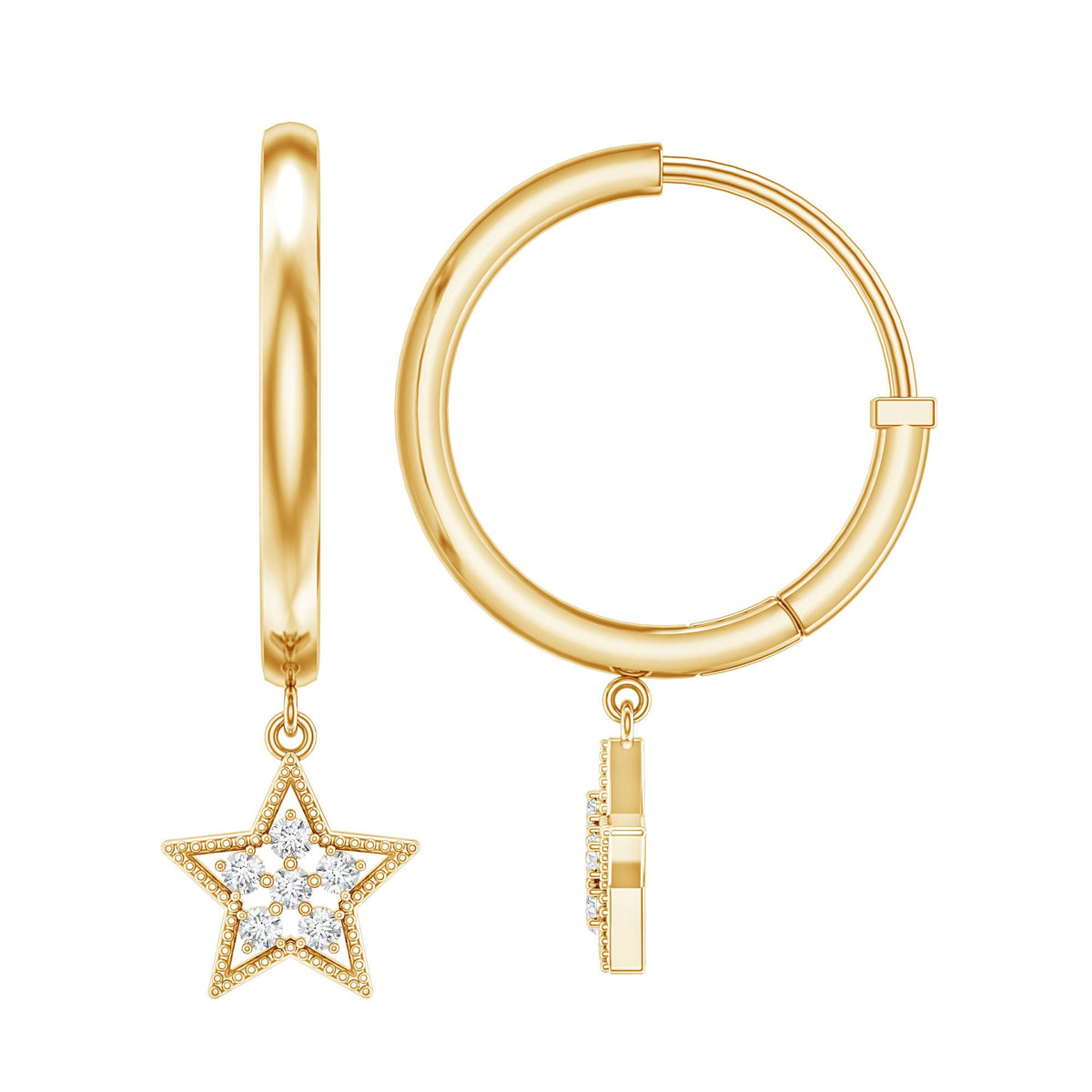 Rosec Jewels diamond star drop hoop earrings, showcasing elegant silver hoops with sparkling diamond star charms.