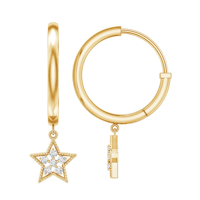 Rosec Jewels diamond star drop hoop earrings, showcasing elegant silver hoops with sparkling diamond star charms.