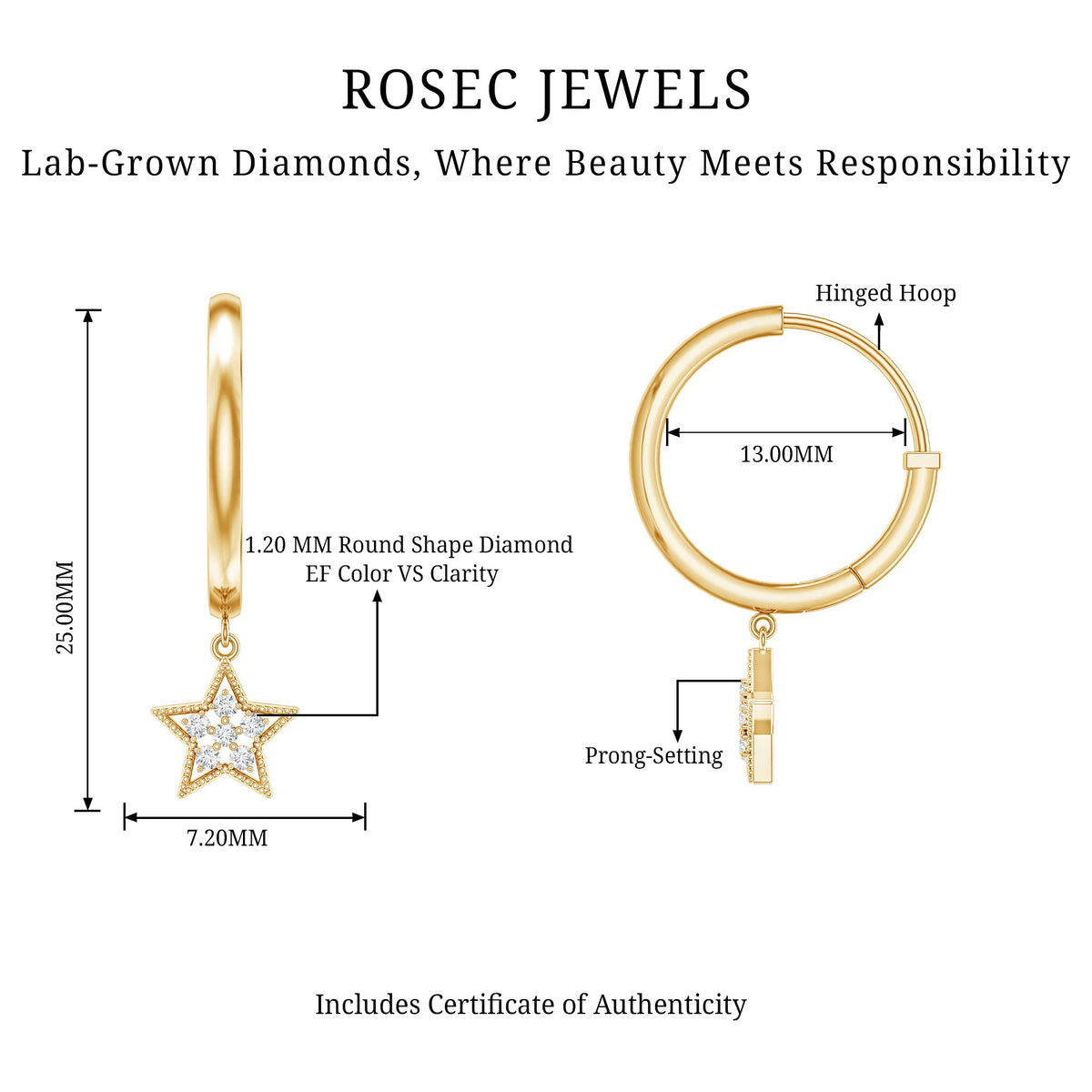 Rosec Jewels diamond star drop hoop earrings, gold-tone earrings with sparkling star-shaped diamond accents and hoop design.
