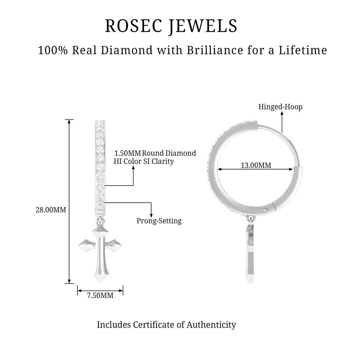 Rosec Jewels certified diamond cross drop hoop earrings, silver-tone earrings with sparkling diamond accents.