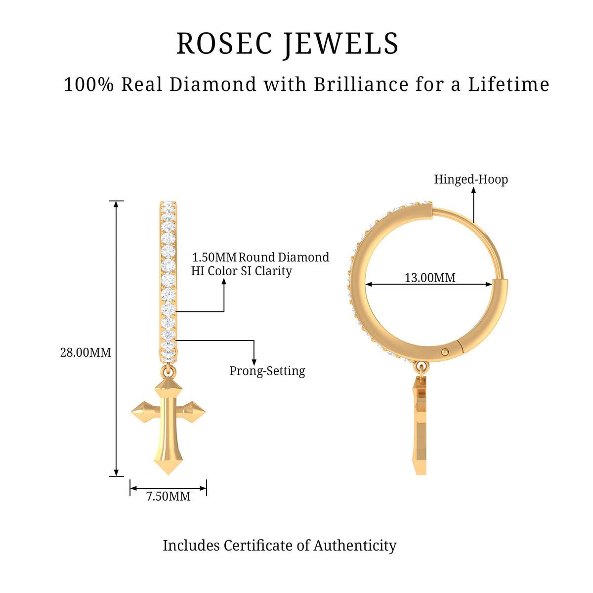 Rosec Jewels Certified Diamond Cross Drop Hoop Earrings featuring sparkling diamond accents and elegant hoop design.