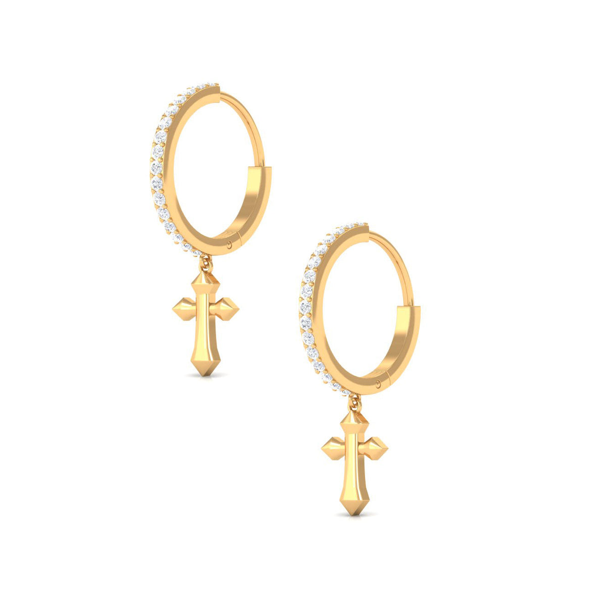 Rosec Jewels Certified Diamond Cross Drop Hoop Earrings, gold-tone earrings with diamond accents and cross design, on a white background.