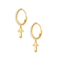 Rosec Jewels Certified Diamond Cross Drop Hoop Earrings, gold-tone earrings with diamond accents and cross design, on a white background.