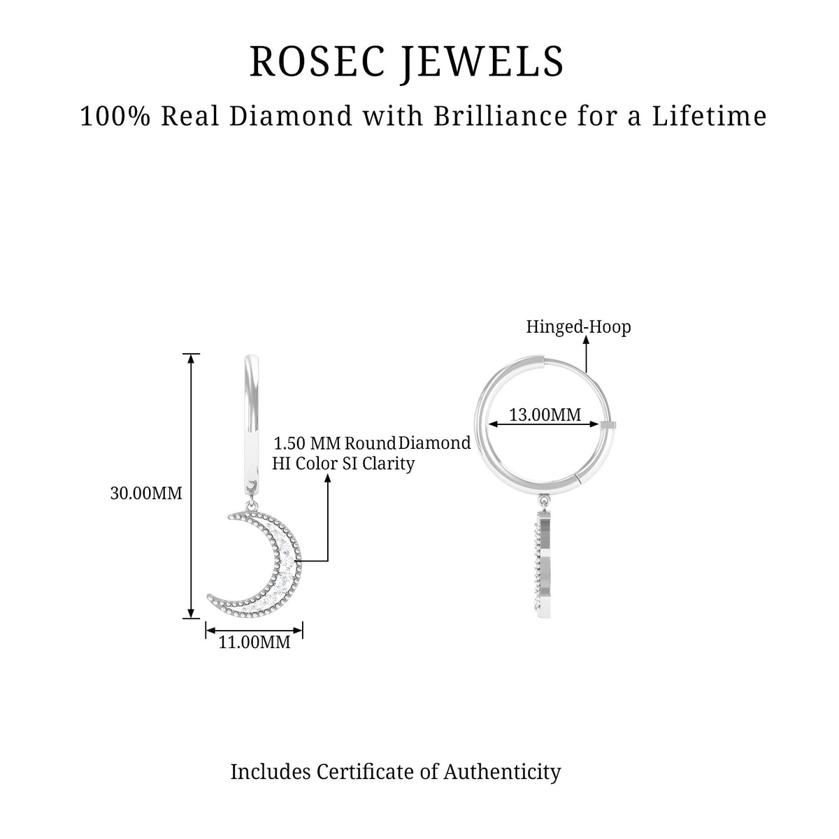 Rosec Jewels Certified Diamond Moon Drop Hoop Earrings, gold-tone earrings featuring moon-shaped diamond accents.