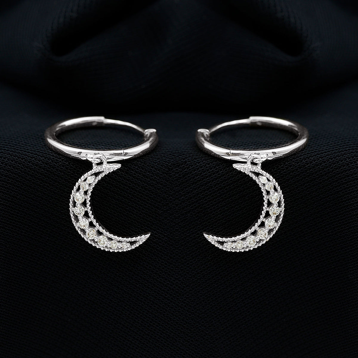 Rosec Jewels certified diamond moon drop hoop earrings featuring elegant sterling silver hoops with sparkling diamond accents.